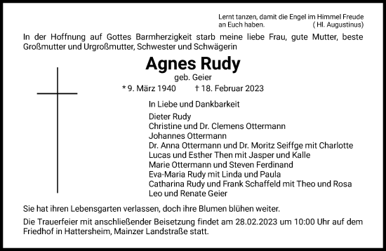 Traueranzeige von Agnes Rudy von FNP