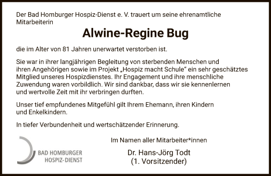 Traueranzeige von Alwine-Regine Bug von FNP
