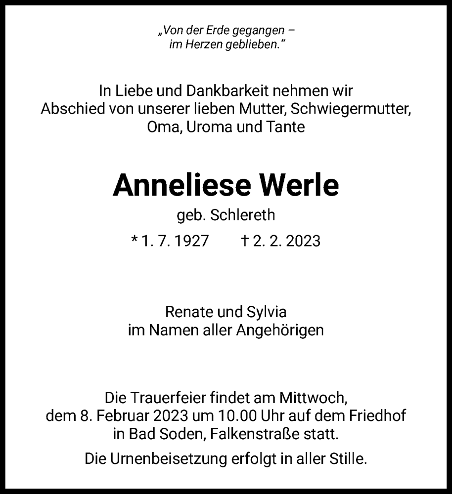 Traueranzeige für Anneliese Werle vom 06.02.2023 aus FNP