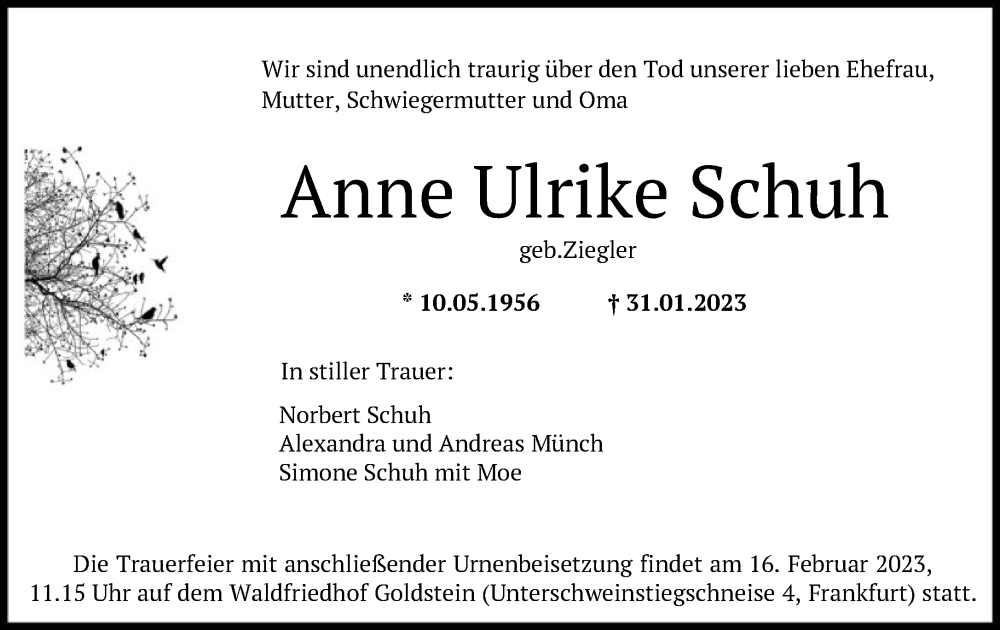  Traueranzeige für Anne Ulrike Schuh vom 04.02.2023 aus FNP