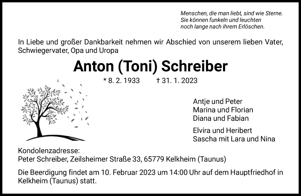  Traueranzeige für Anton Schreiber vom 04.02.2023 aus FNP