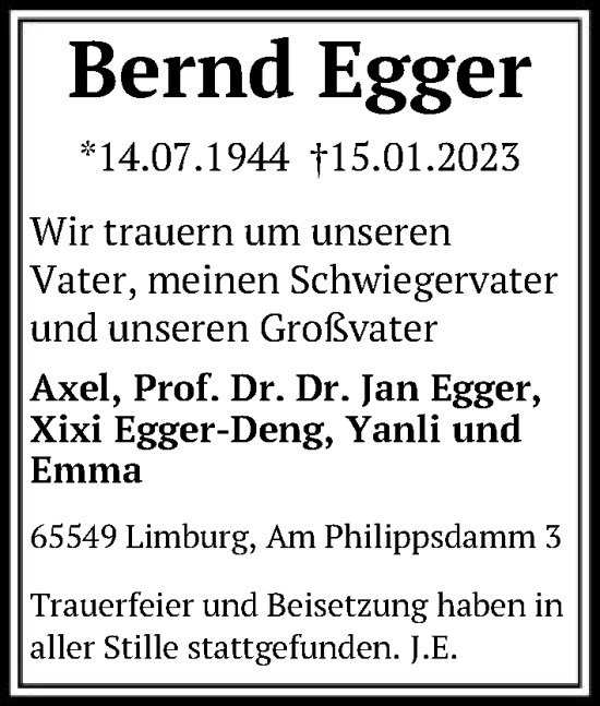 Traueranzeige von Bernd Egger von FNP