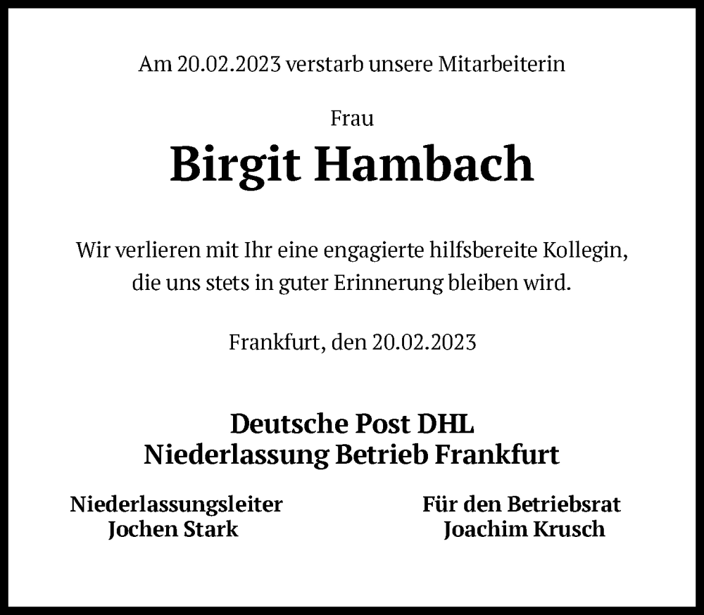  Traueranzeige für Birgit Hambach vom 01.03.2023 aus FNP