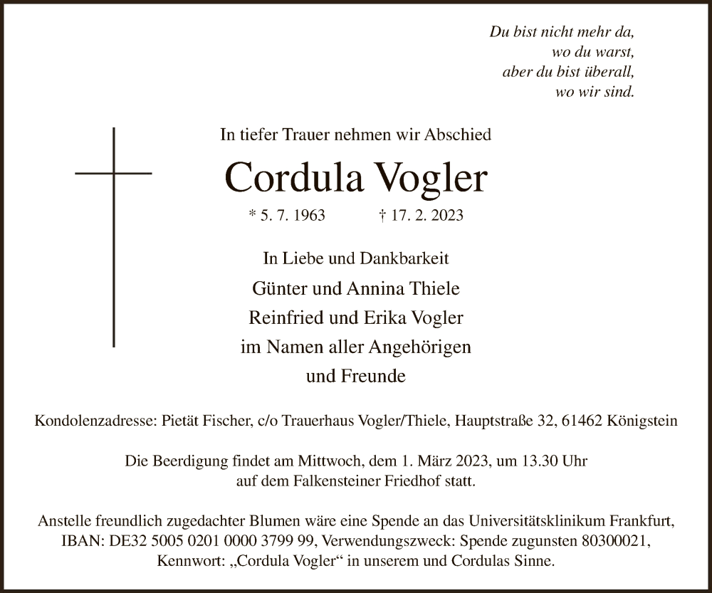  Traueranzeige für Cordula Vogler vom 25.02.2023 aus FNP