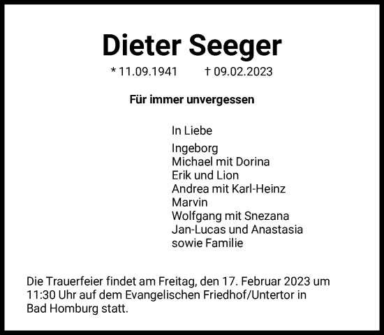 Traueranzeige von Dieter Seeger von FNP