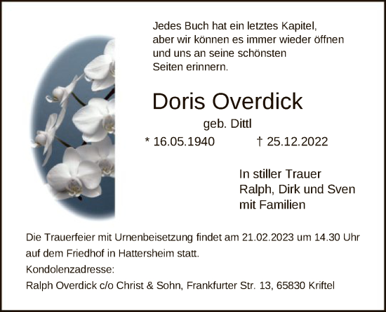 Traueranzeige von Doris Overdick von FNP