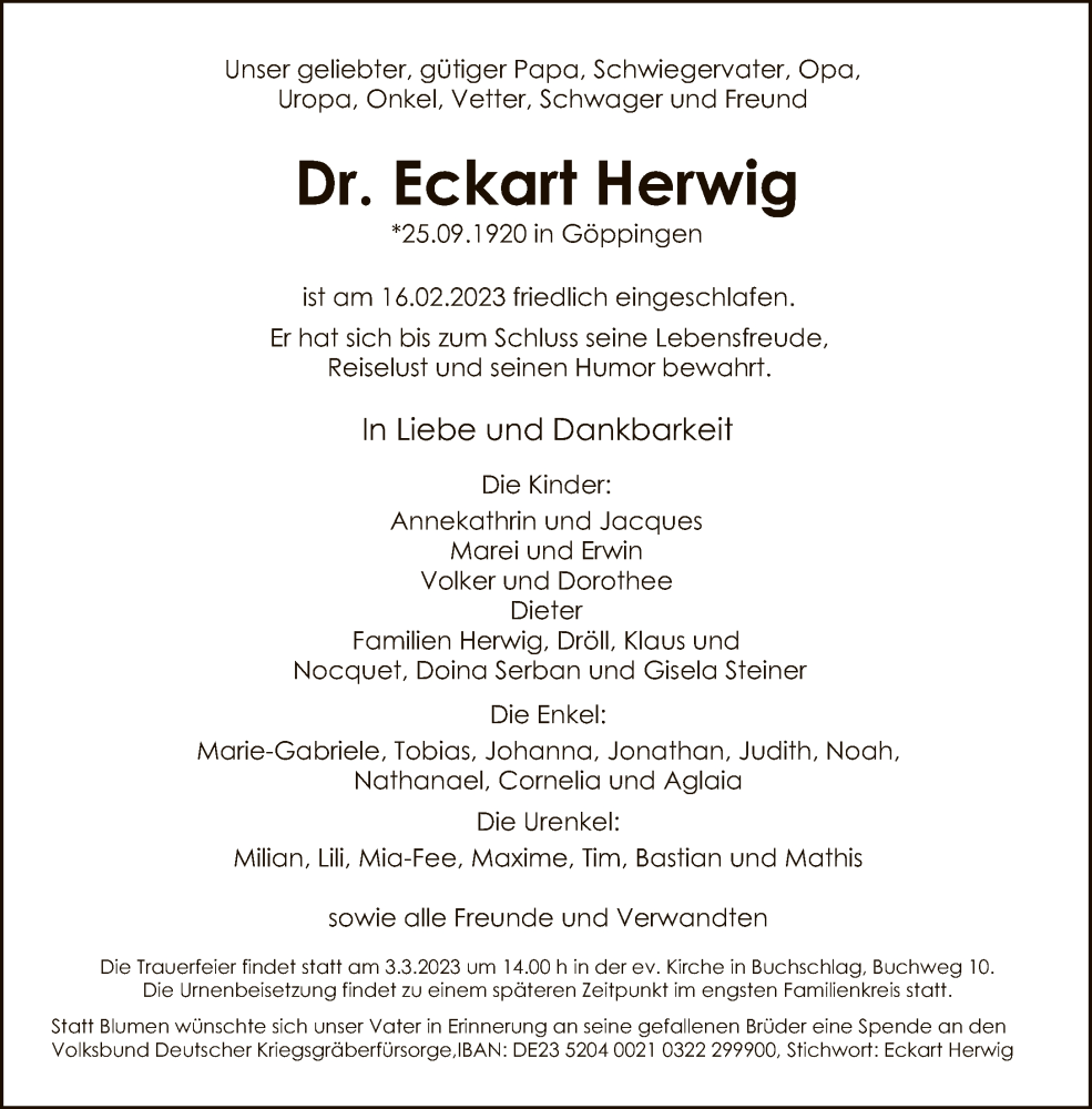  Traueranzeige für Eckart Herwig vom 25.02.2023 aus FNP