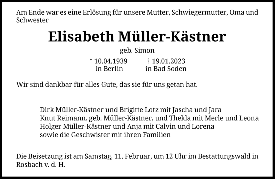 Traueranzeige von Elisabeth Müller-Kästner von FNP