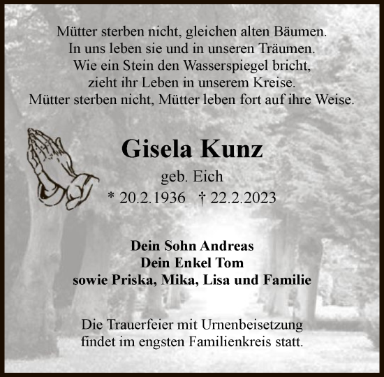 Traueranzeige von Gisela Kunz von FNP