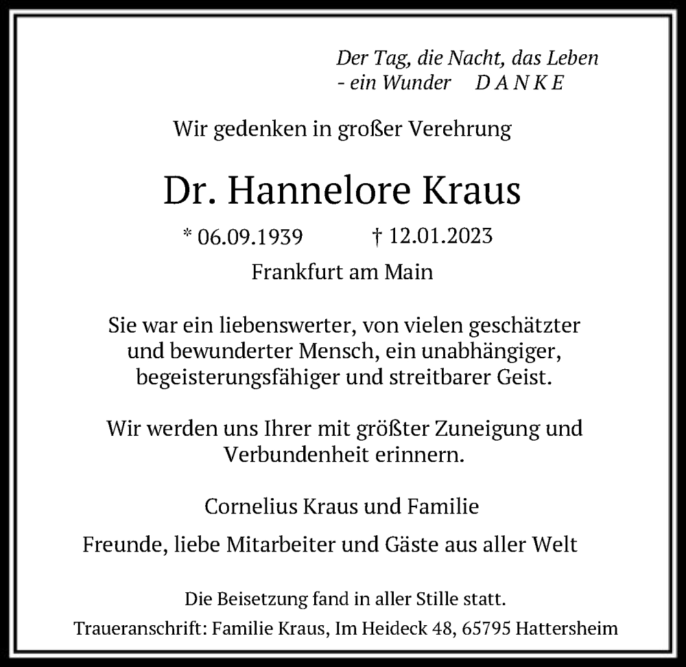  Traueranzeige für Hannelore Kraus vom 04.02.2023 aus FNP