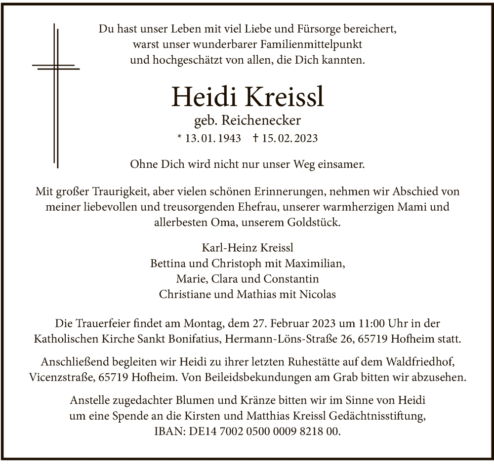  Traueranzeige für Heidi Kreissl vom 25.02.2023 aus FNP