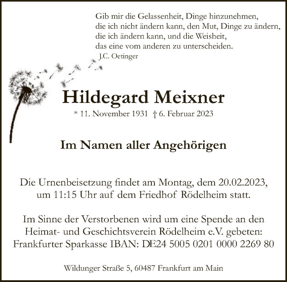  Traueranzeige für Hildegard Meixner vom 11.02.2023 aus FNP