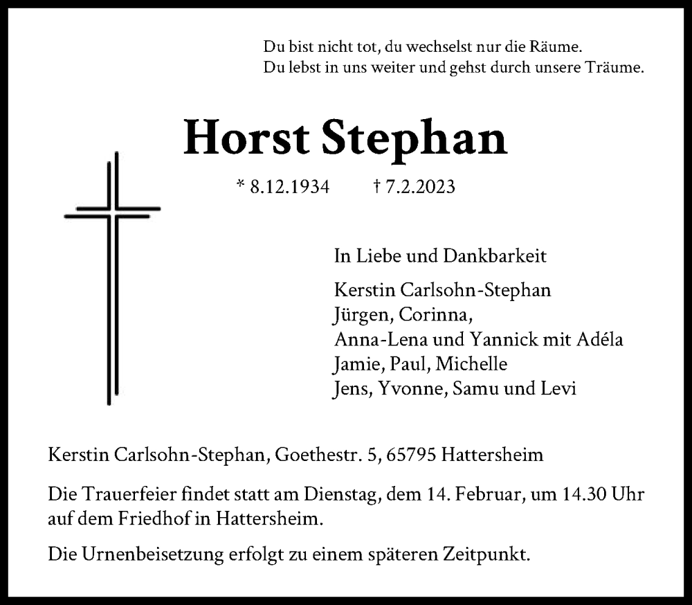  Traueranzeige für Horst Stephan vom 11.02.2023 aus FNP