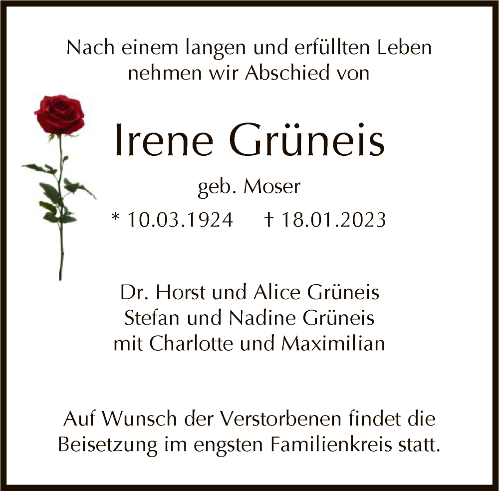  Traueranzeige für Irene Grüneis vom 11.02.2023 aus FNP