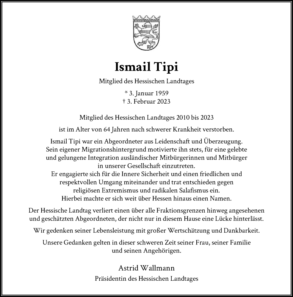  Traueranzeige für Ismail Tipi vom 11.02.2023 aus FNP