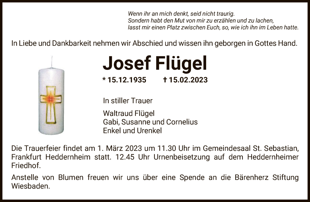  Traueranzeige für Josef Flügel vom 25.02.2023 aus FNP