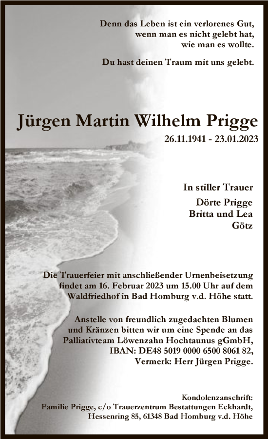 Traueranzeige von Jürgen Martin Wilhelm Prigge von FNP