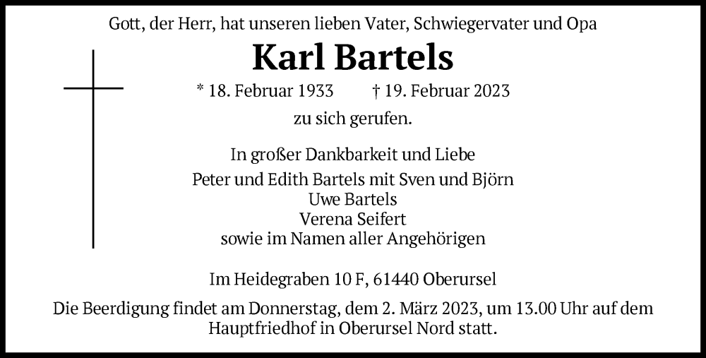  Traueranzeige für Karl Bartels vom 25.02.2023 aus FNP