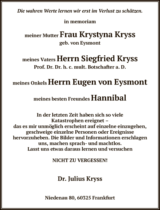 Traueranzeige von Krystyna Kryss von FNP