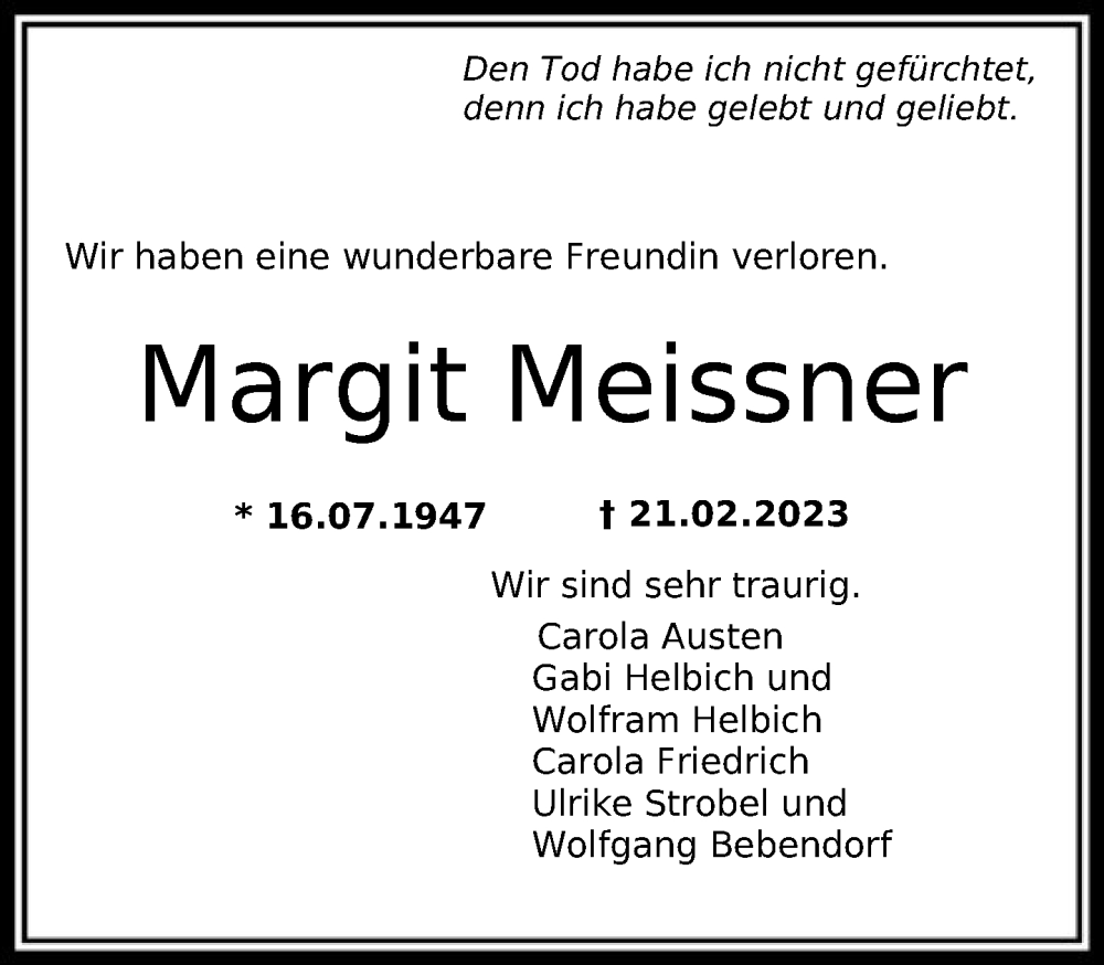  Traueranzeige für Margit Meissner vom 25.02.2023 aus FNP