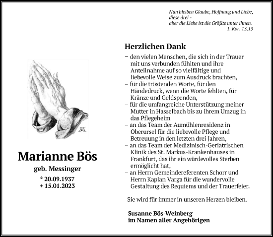 Traueranzeige von Marianne Bös von FNP