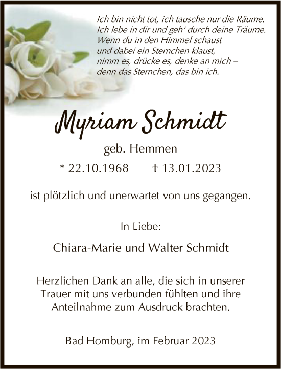 Traueranzeige von Myriam Schmidt von FNP