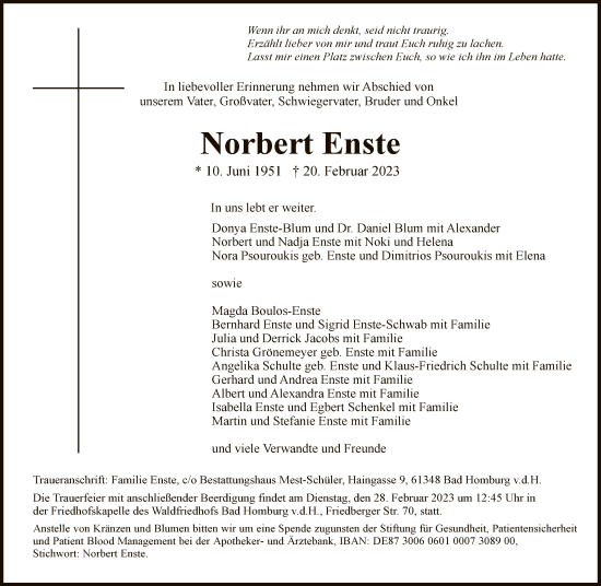 Traueranzeige von Norbert Enste von FNP