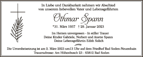 Traueranzeige von Othmar Spann von FNP