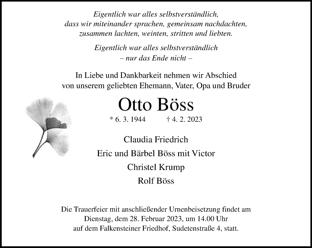  Traueranzeige für Otto Böss vom 11.02.2023 aus FNP