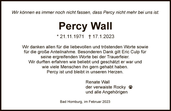 Traueranzeige von Percy Wall von FNP