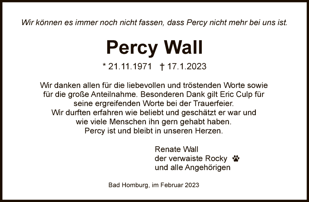 Traueranzeige für Percy Wall vom 18.02.2023 aus FNP