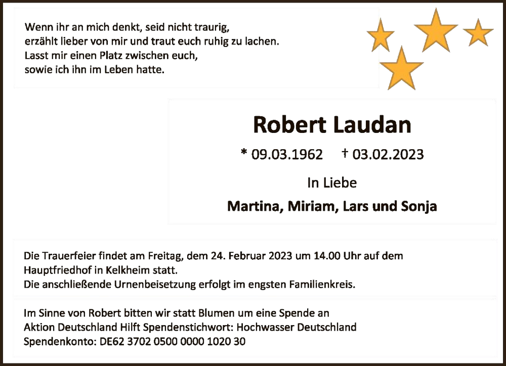  Traueranzeige für Robert Laudan vom 11.02.2023 aus FNP