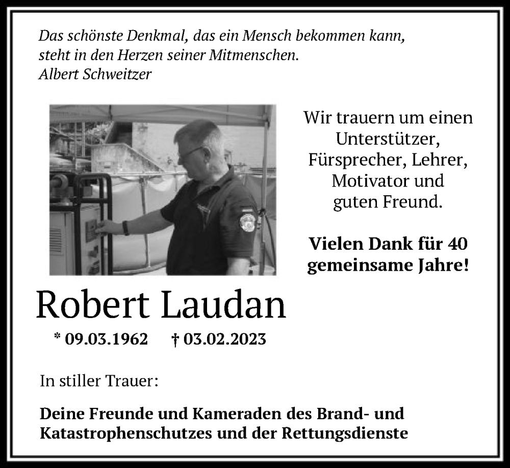  Traueranzeige für Robert Laudan vom 11.02.2023 aus FNP