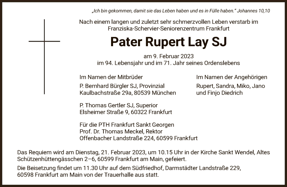  Traueranzeige für Rupert Lay vom 15.02.2023 aus FNP