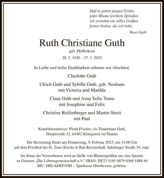 Traueranzeige von Ruth Christiane Guth von FNP