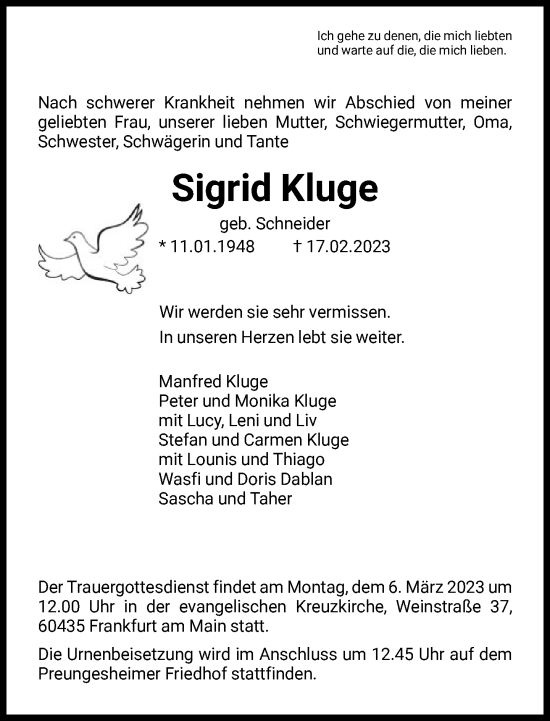 Traueranzeige von Sigrid Kluge von FNP