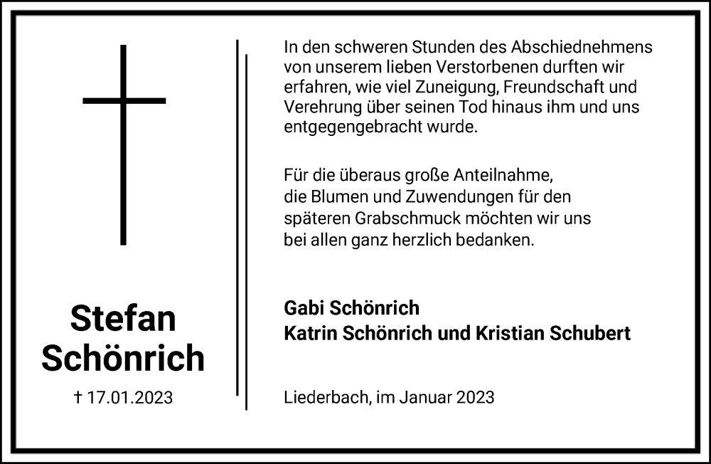  Traueranzeige für Stefan Schönrich vom 04.02.2023 aus FNP