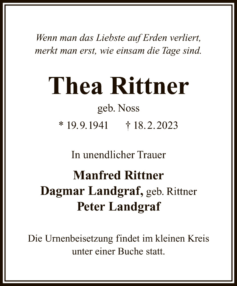  Traueranzeige für Thea Rittner vom 25.02.2023 aus FNP