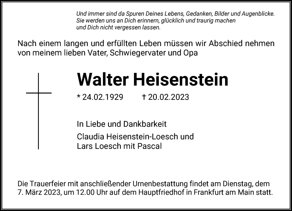  Traueranzeige für Walter Heisenstein vom 25.02.2023 aus FNP