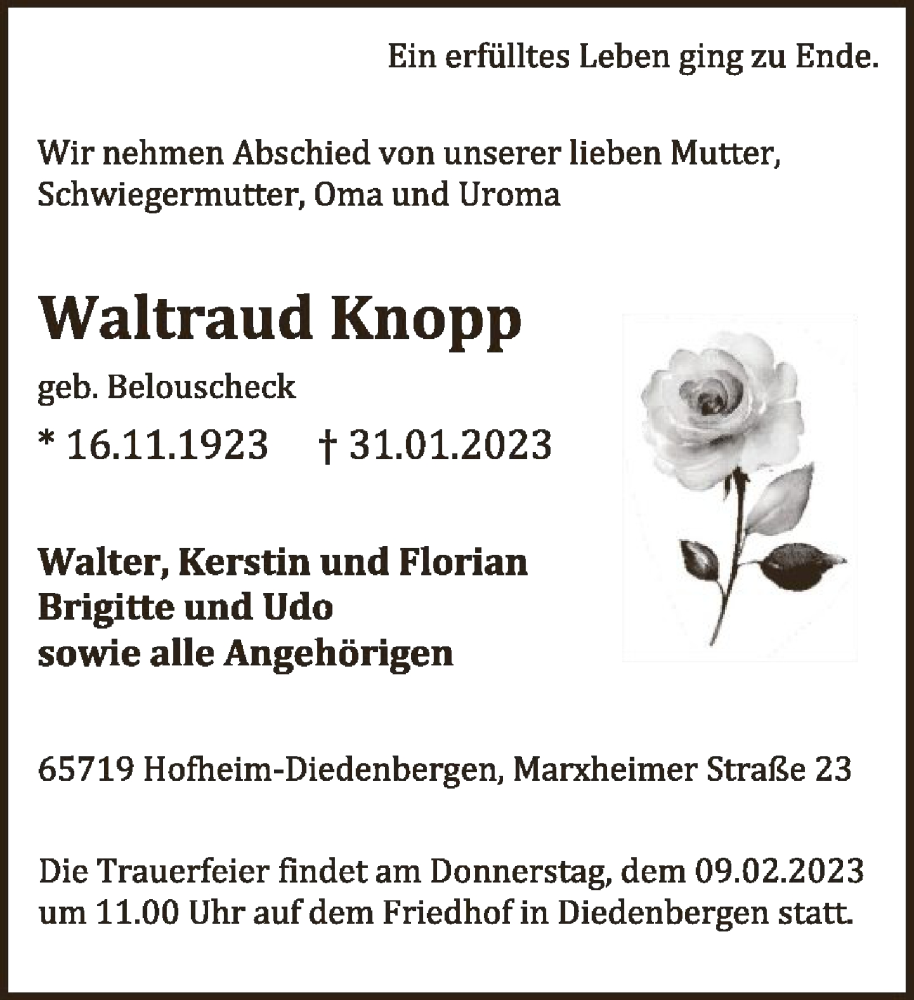  Traueranzeige für Waltraud Knopp vom 06.02.2023 aus FNP