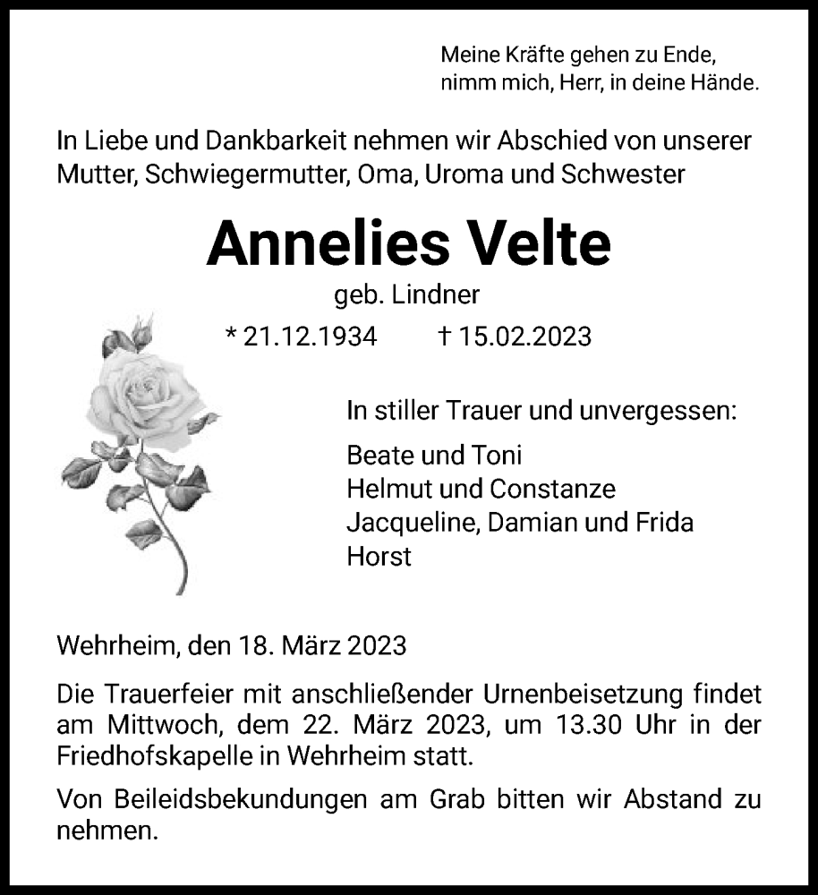  Traueranzeige für Annelies Velte vom 18.03.2023 aus FNP