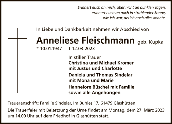 Traueranzeige von Anneliese Fleischmann von FNP