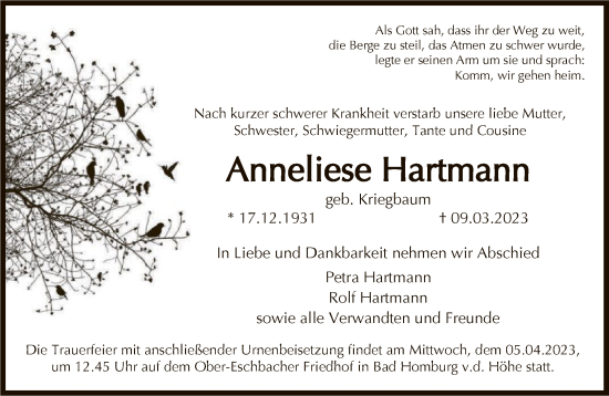 Traueranzeige von Anneliese Hartmann von FNP