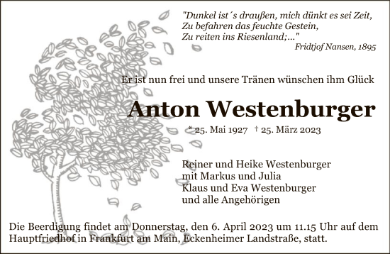 Traueranzeige von Anton Westenburger von FNP