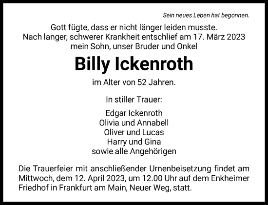 Traueranzeige von Billy Ickenroth von FNP