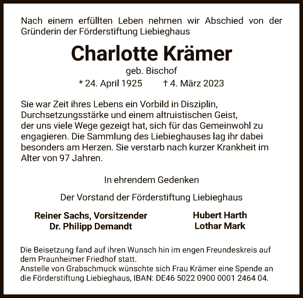  Traueranzeige für Charlotte Krämer vom 25.03.2023 aus FNP