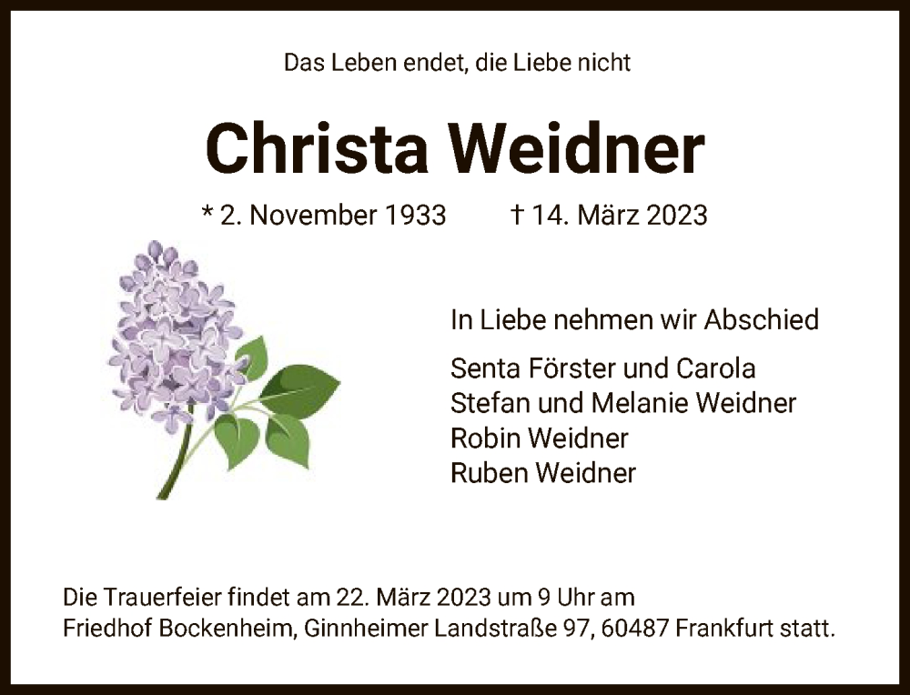  Traueranzeige für Christa Weidner vom 18.03.2023 aus FNP