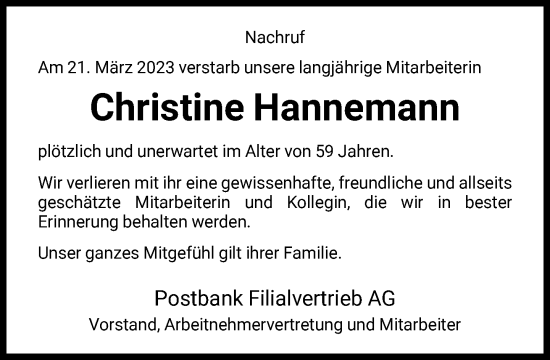 Traueranzeige von Christine Hannemann von FNP