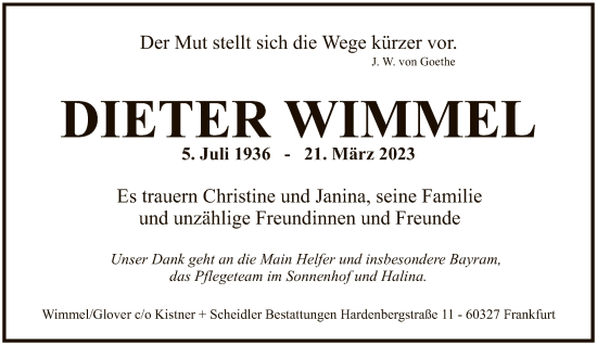 Traueranzeige von Dieter Wimmel von FNP