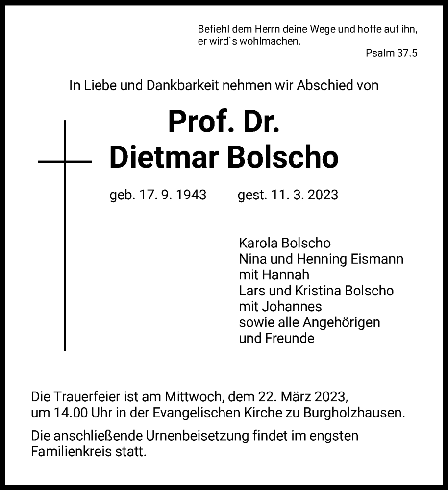  Traueranzeige für Dietmar Bolscho vom 16.03.2023 aus FNP